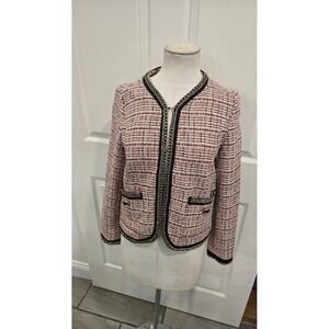 ZARA BASIC Tweed Jacket‎ Womens Size S Pink Black Chain Trim Blazer